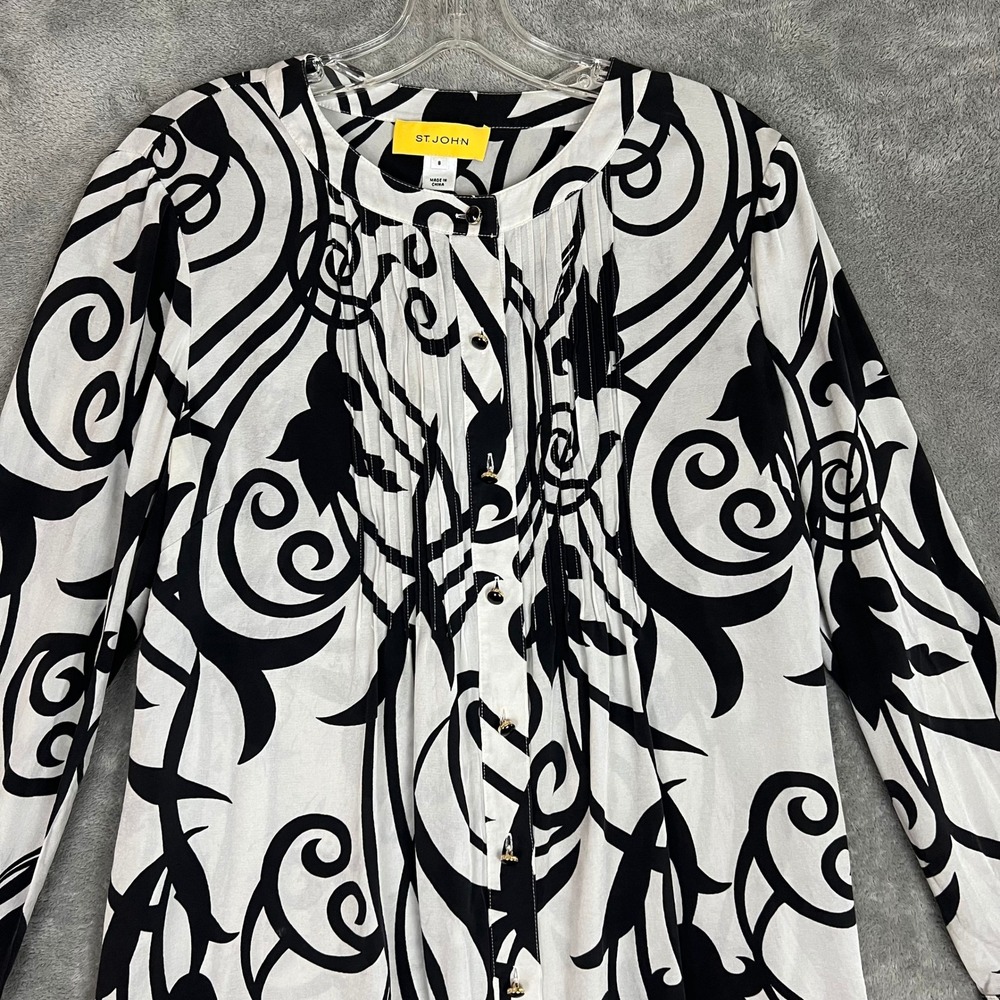 St John Blouse Womens 8 Black White Abstract Pleated Long Sleeve Career - Picture 2 of 12